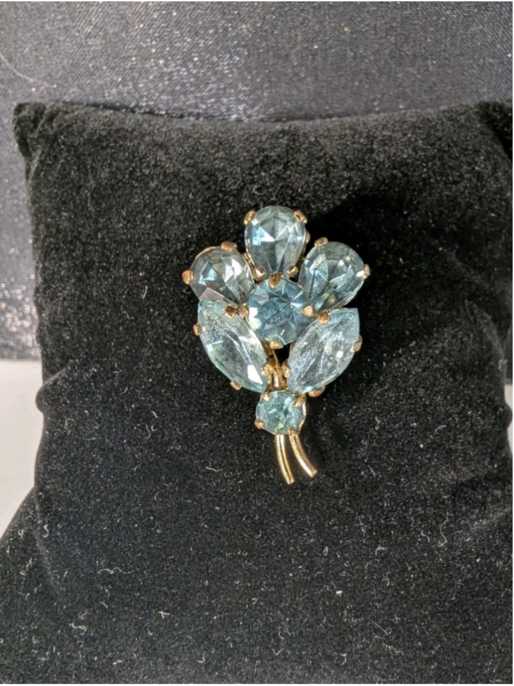 Vintage Czech Aqua Blue Rhinestone Brooch Gold Tone Floral Spray Pin